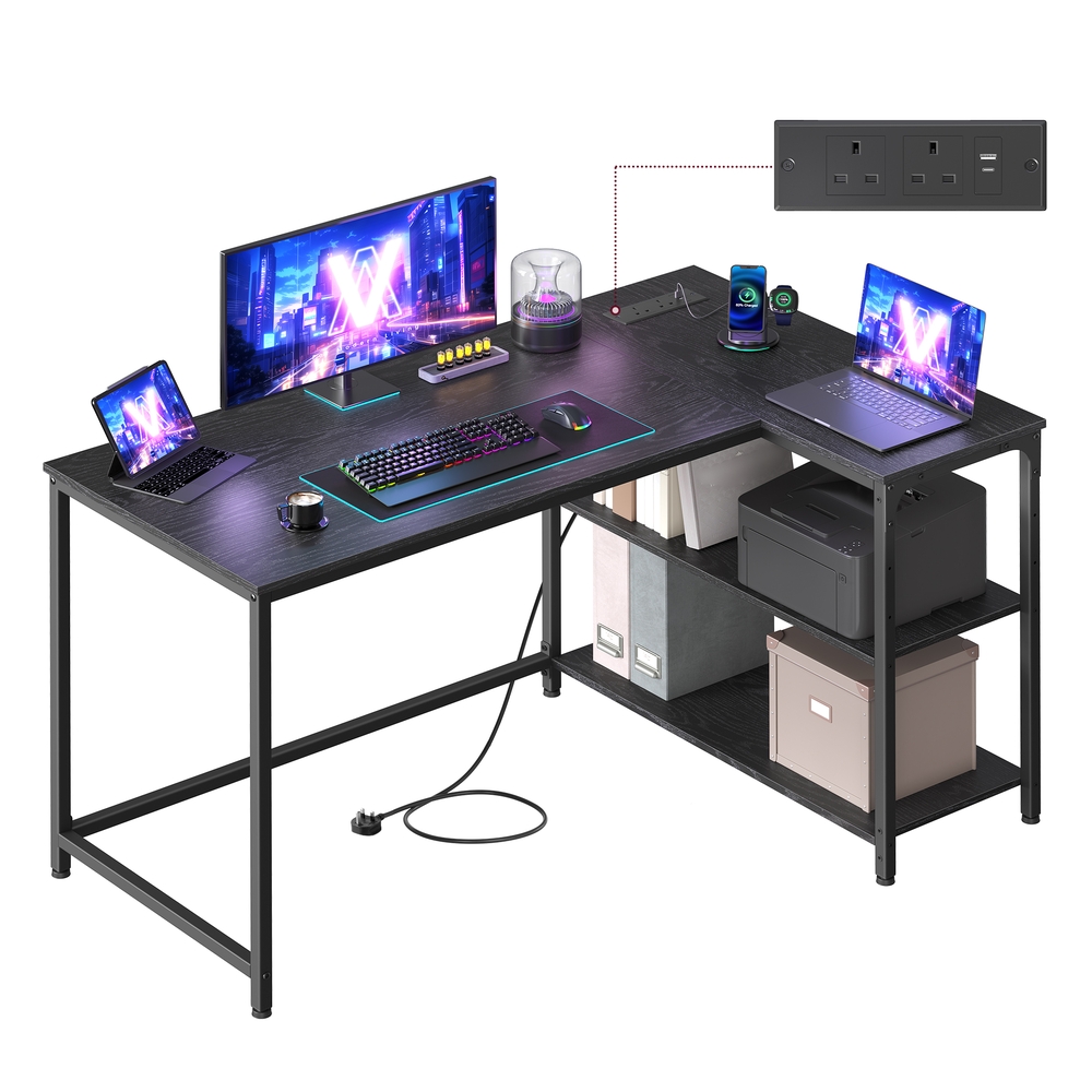 L Shaped Corner Desk 120 x 80 cm with Power Outlets 2 USB Ports Ebony Black