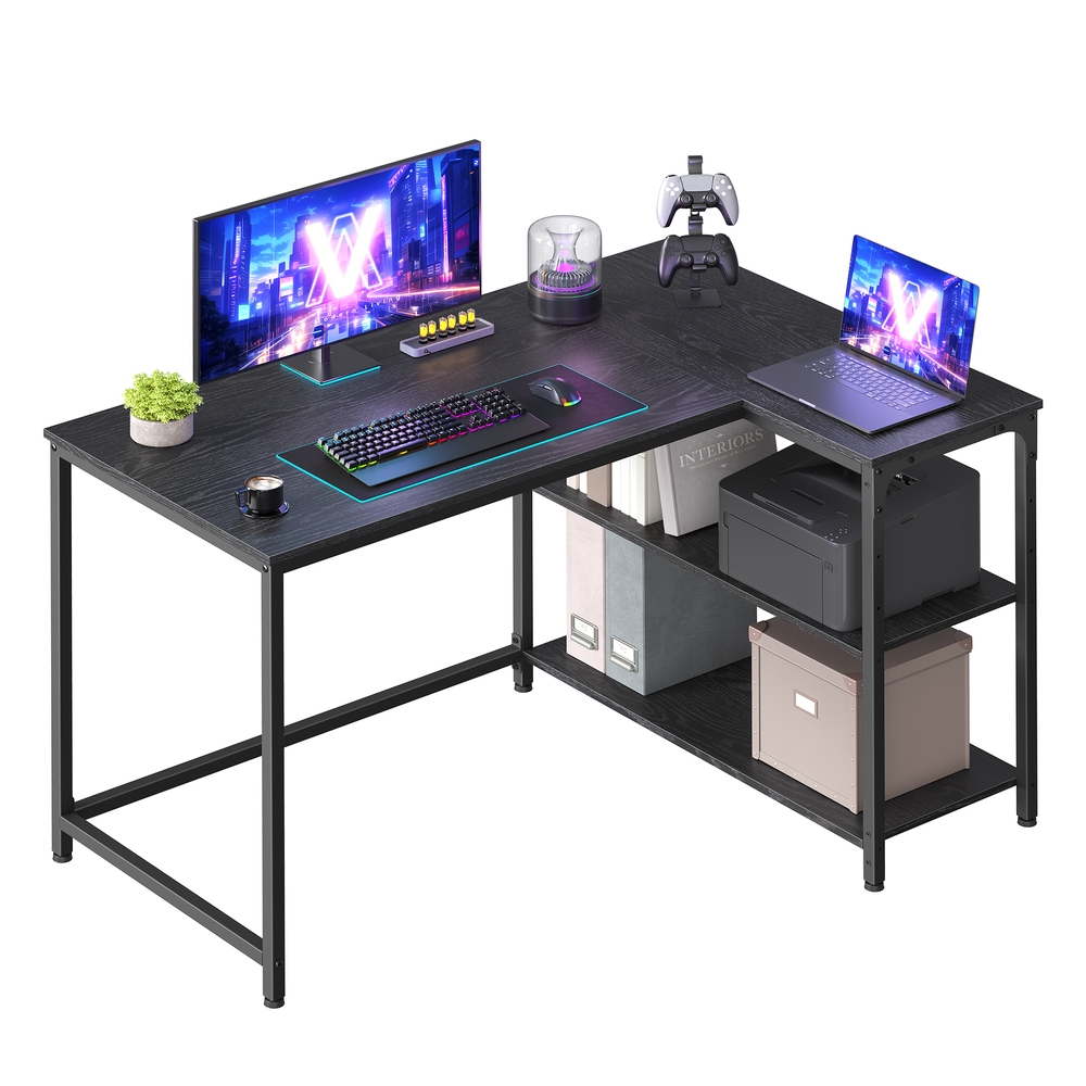 110 x 80 cm L shaped corner desk with storage and adjustable shelves Ebony Black