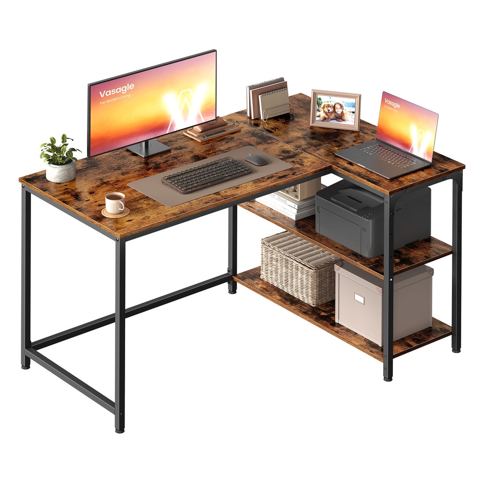 L Shaped Corner Desk 110 x 80 cm Reversible Height-Adjustable Shelves Rustic Brown