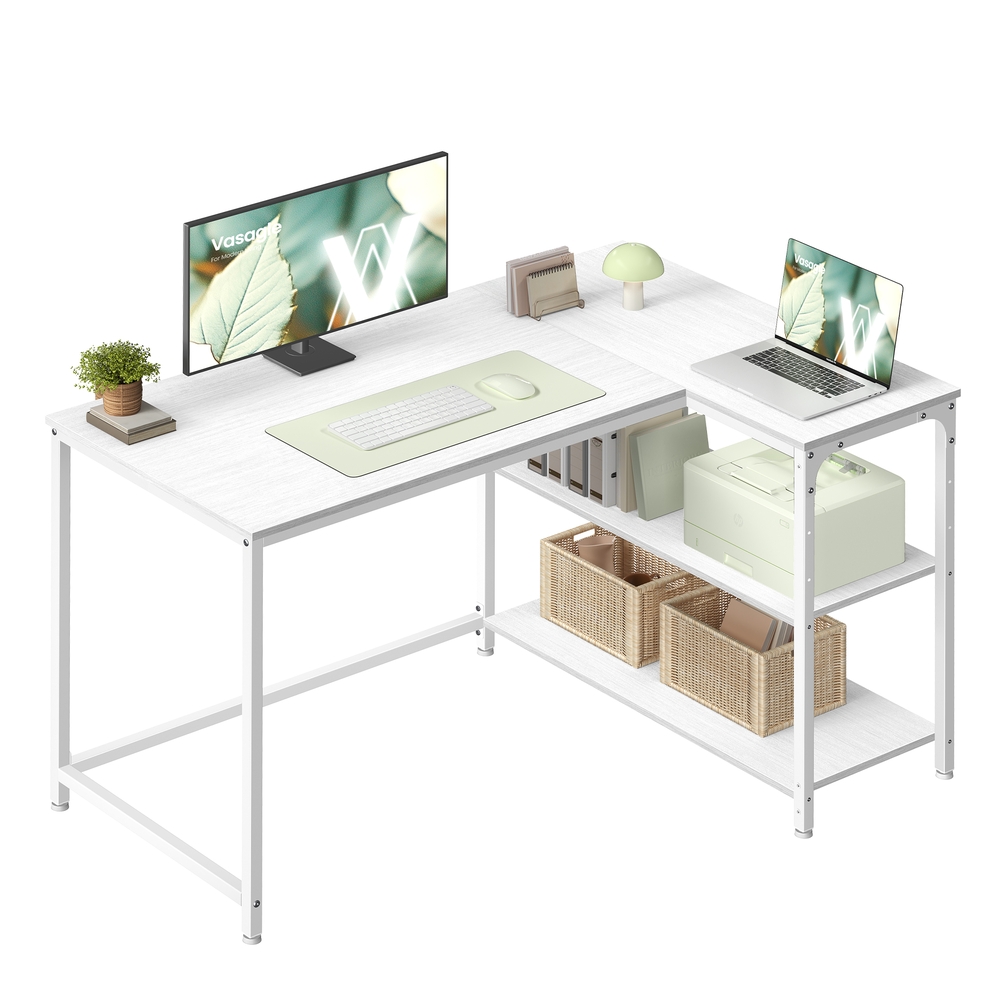 L Shaped Corner Desk 110 x 80 cm Reversible Height-Adjustable Shelves Maple White