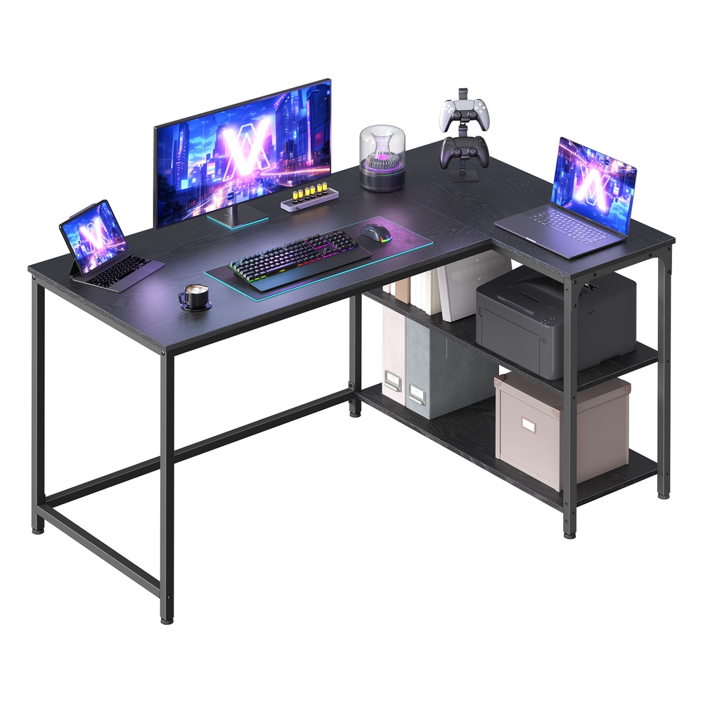 L Shaped Corner Desk Reversible Height-Adjustable Shelves 120 x 80 cm Ebony Black
