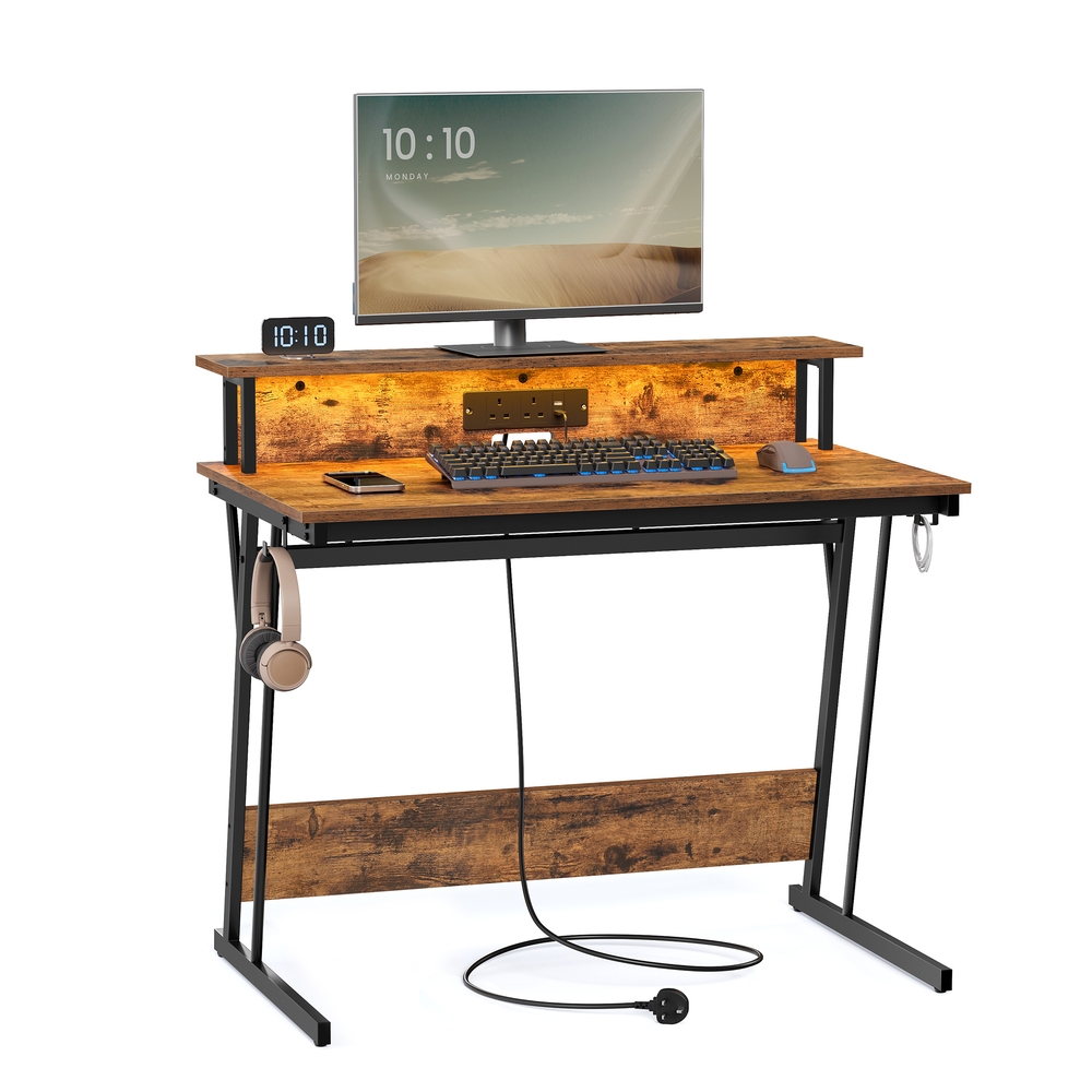 Gaming Desk with LED Lights and Built-In Power Outlets, Computer Desk with Monitor Shelf Gaming Desk with LED Lights and Built-In Power Outlets, Computer Desk with Monitor Shelf