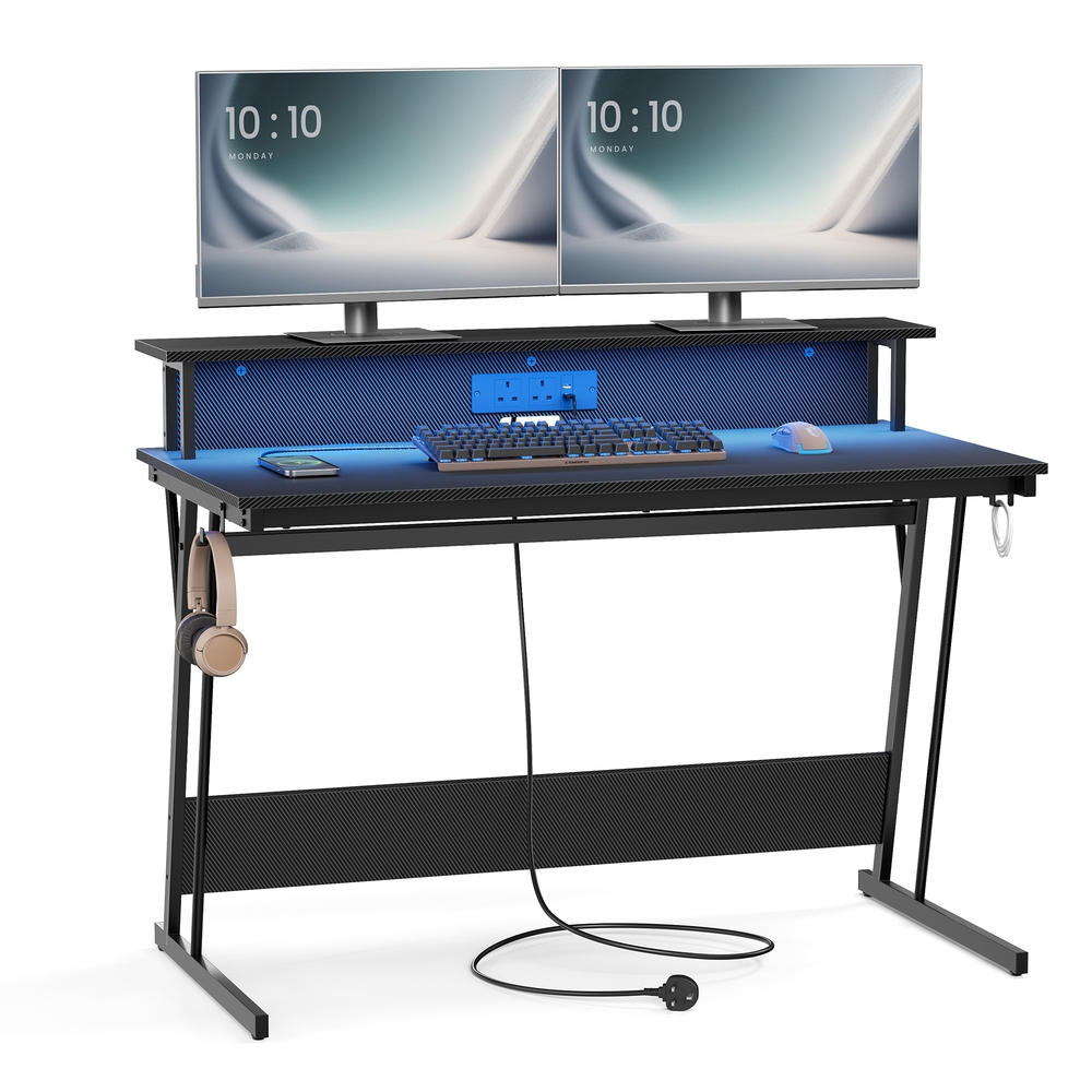 Gaming Desk with LED Lights and Built-In Power Outlets 60 x 120 x 76 cm