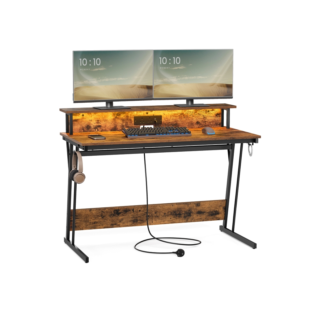 Gaming Desk with LED Lights and Built-In Power Outlets
