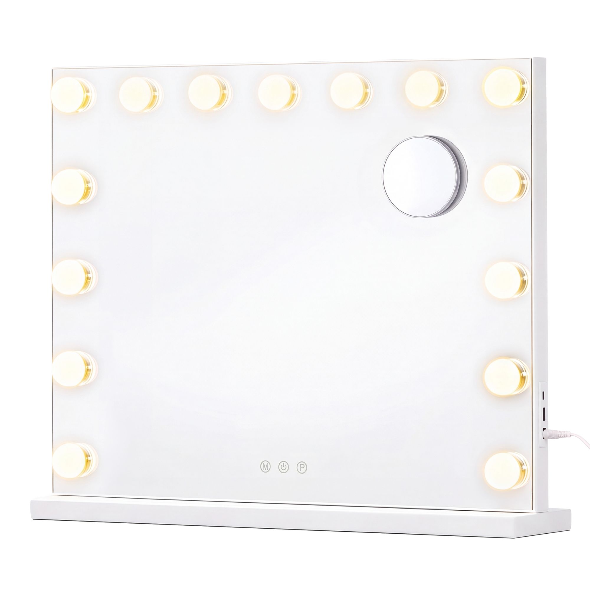 Dimmable lighted vanity mirror with magnifier and ports