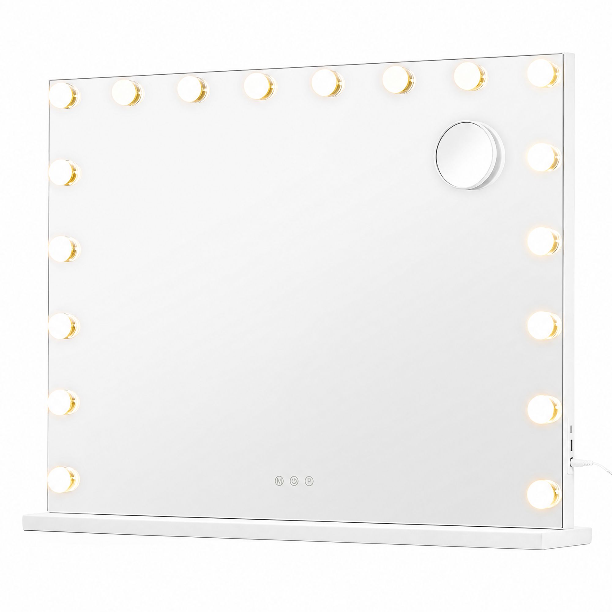 Dimmable lighted vanity mirror with magnifier and ports Dimmable lighted vanity mirror with magnifier and ports