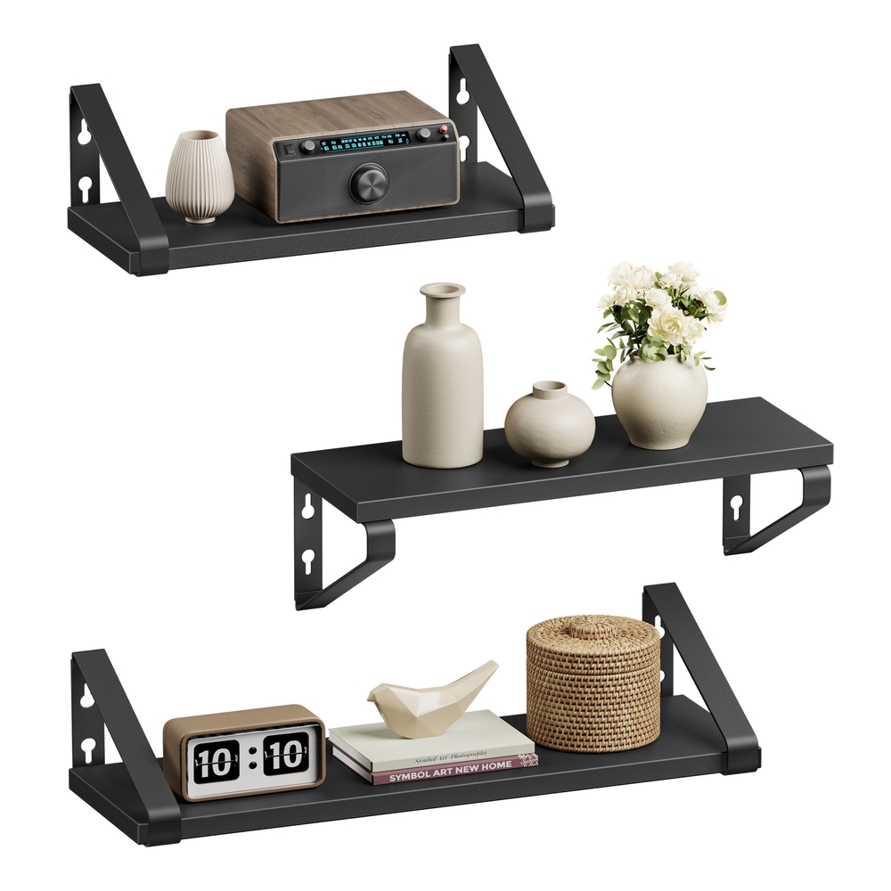 Set of 3 Wall Shelves 2 Mounting Ways Ink Black and Matte Black
