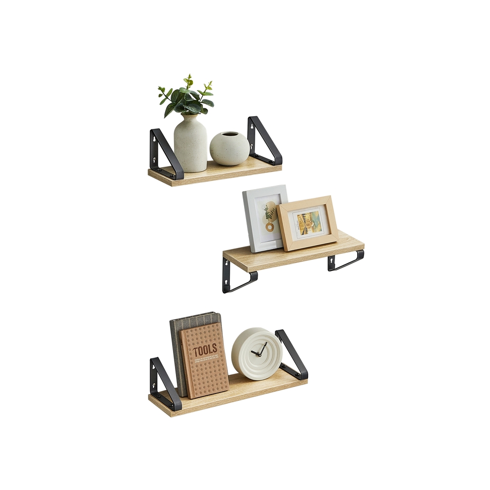 Set of 3 Wall Shelves 2 Mounting Ways Golden Oak and Matte Black