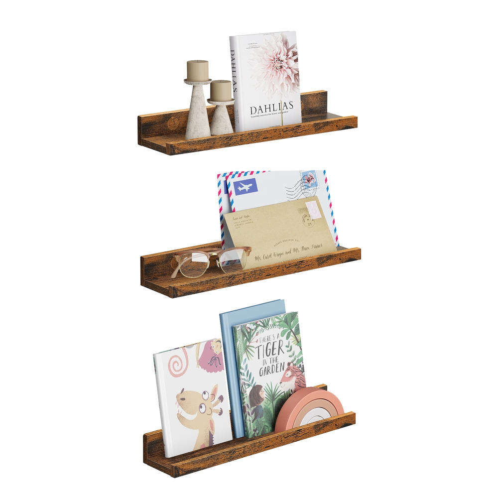 Floating Shelves, Set of 3 Wooden Wall Shelves, 38 cm Long, with Front Edge, for Trinkets, Spice Jars, Framed Pictures, Rustic Brown LWS038T01 Floating Shelves, Set of 3 Wooden Wall Shelves, 38 cm Long, with Front Edge, for Trinkets, Spice Jars, Framed Pictures, Rustic Brown LWS038T01