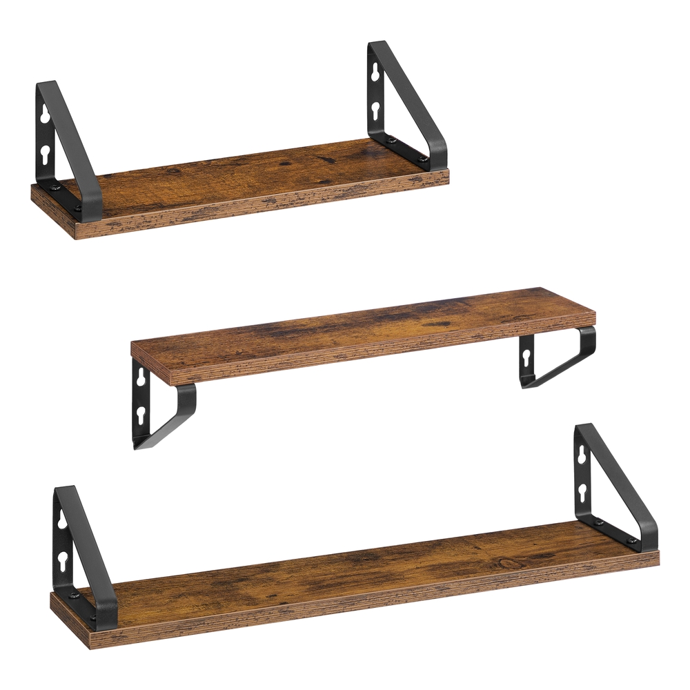 Set of 3 Wall Shelves 2 Mounting Ways Rustic Brown and Matte Black