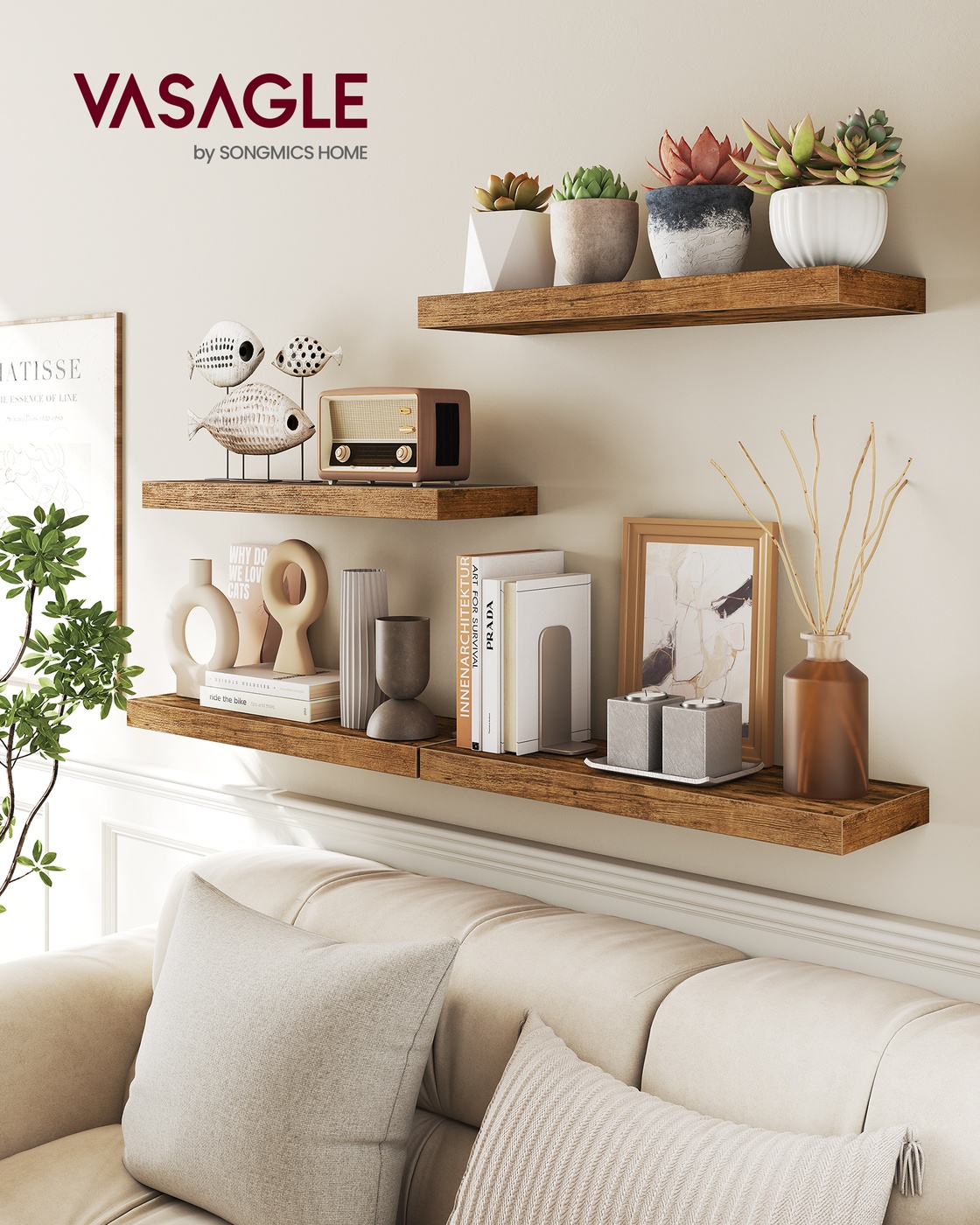 Wall Shelves Set of 4 Floating Shelves Rustic Brown Wall Shelves Set of 4 Floating Shelves Rustic Brown
