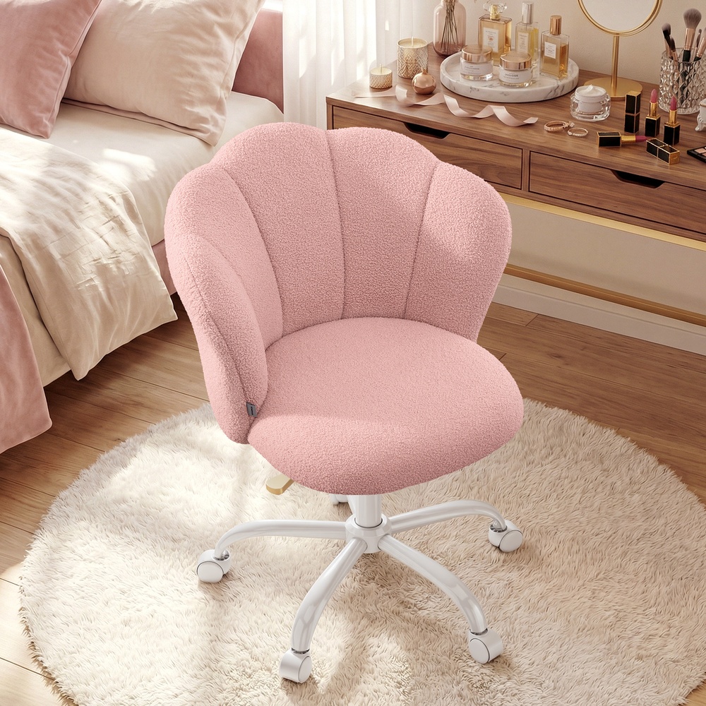 Swivel Office Desk Chair, Makeup Vanity Chair for Dressing Table, Teddy Fleece, Holds 110 kg, Petal Backrest, Adjustable Height, for Living Room, Bedroom, Jelly Pink Swivel Office Desk Chair, Makeup Vanity Chair for Dressing Table, Teddy Fleece, Holds 110 kg, Petal Backrest, Adjustable Height, for Living Room, Bedroom, Jelly Pink