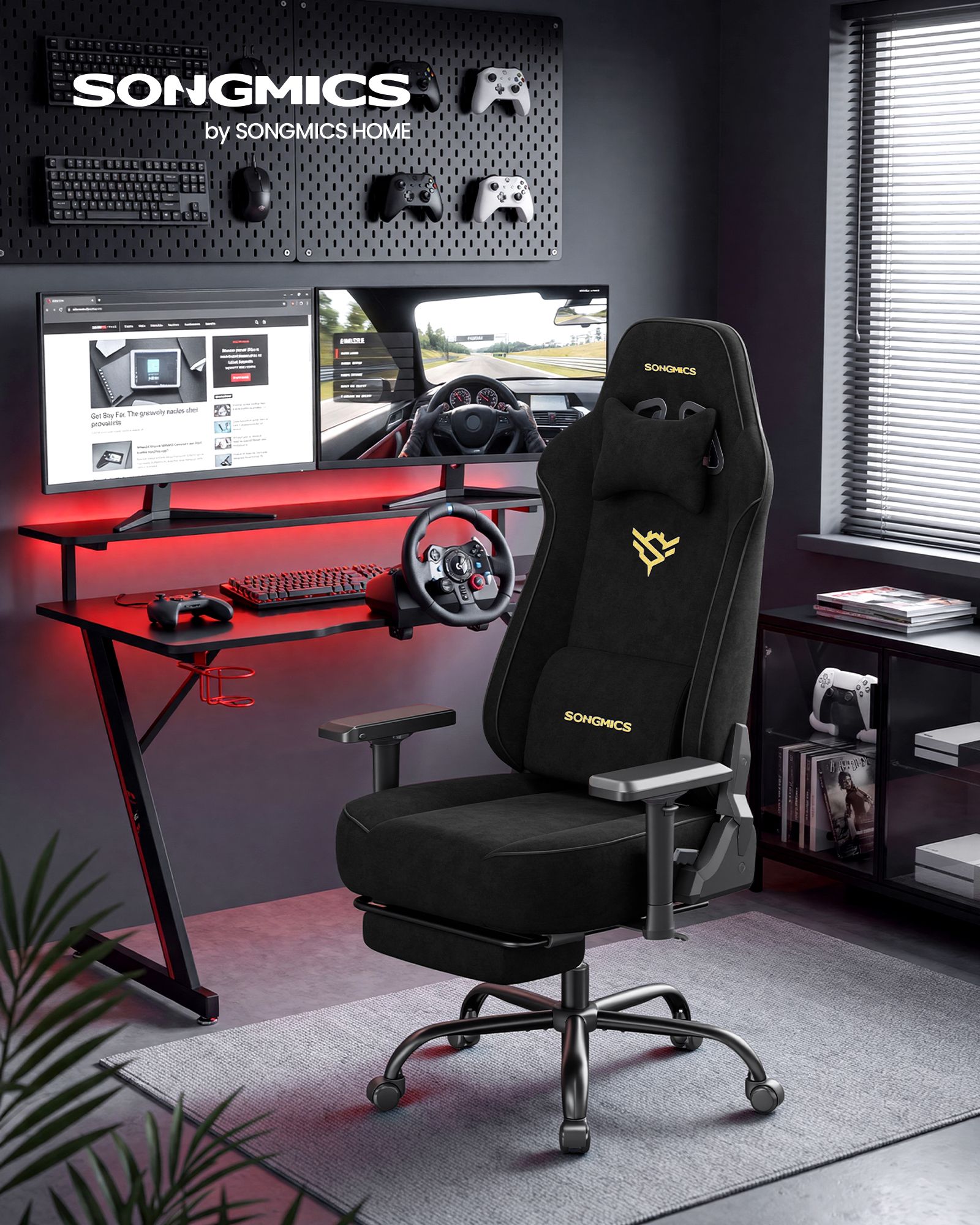 Suede ergonomic gaming chair with footrest and adjustable armrests, Ink Black