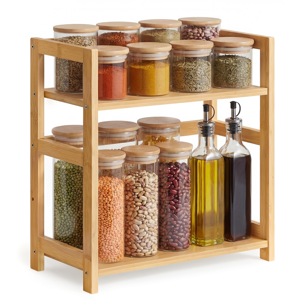 2-Tier Spice Rack with Bamboo Frame Natural Beige