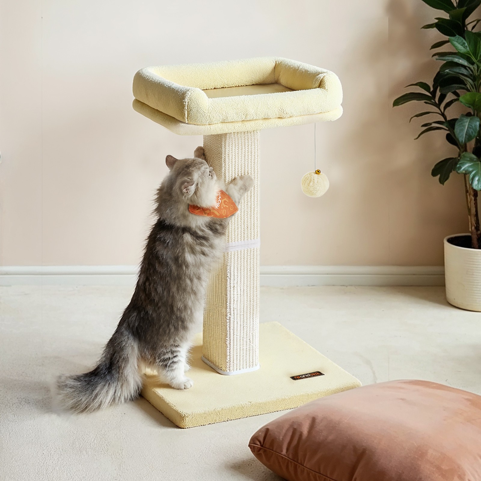 Cat Scratching Post with Plush Perch, Beige