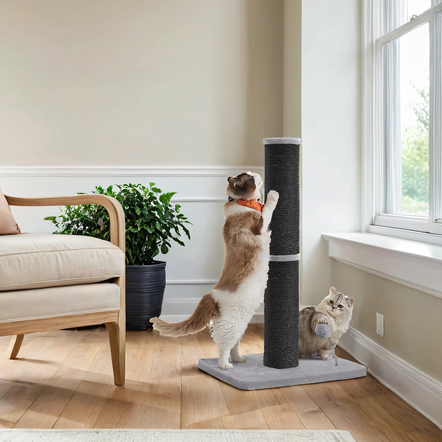 Cat Scratching Post with Spring Pompom with Built-in Bell, Black Cat Scratching Post with Spring Pompom with Built-in Bell, Black