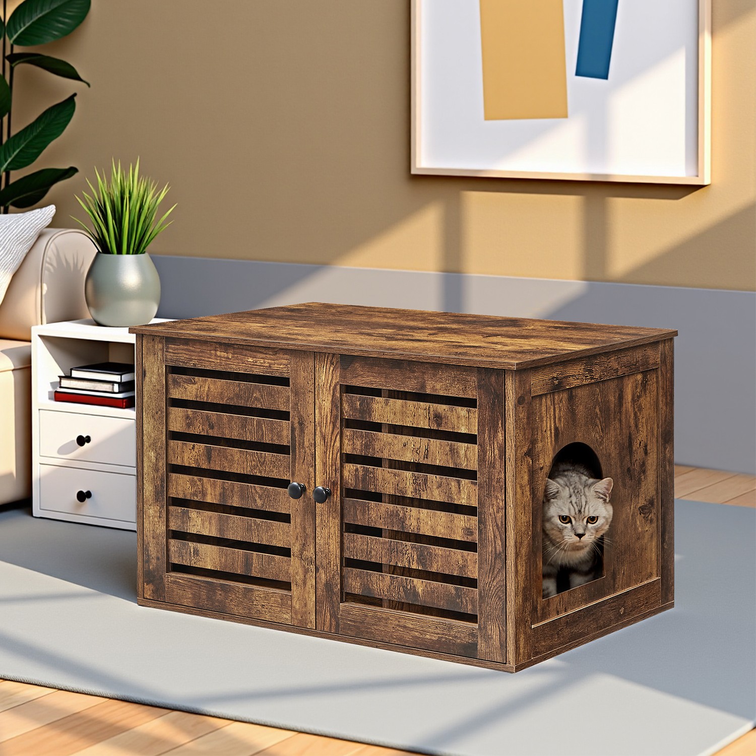 Cat Litter Box Cabinet Furniture with Removable Divider, Cat House End Table, Brown Cat Litter Box Cabinet Furniture with Removable Divider, Cat House End Table, Brown