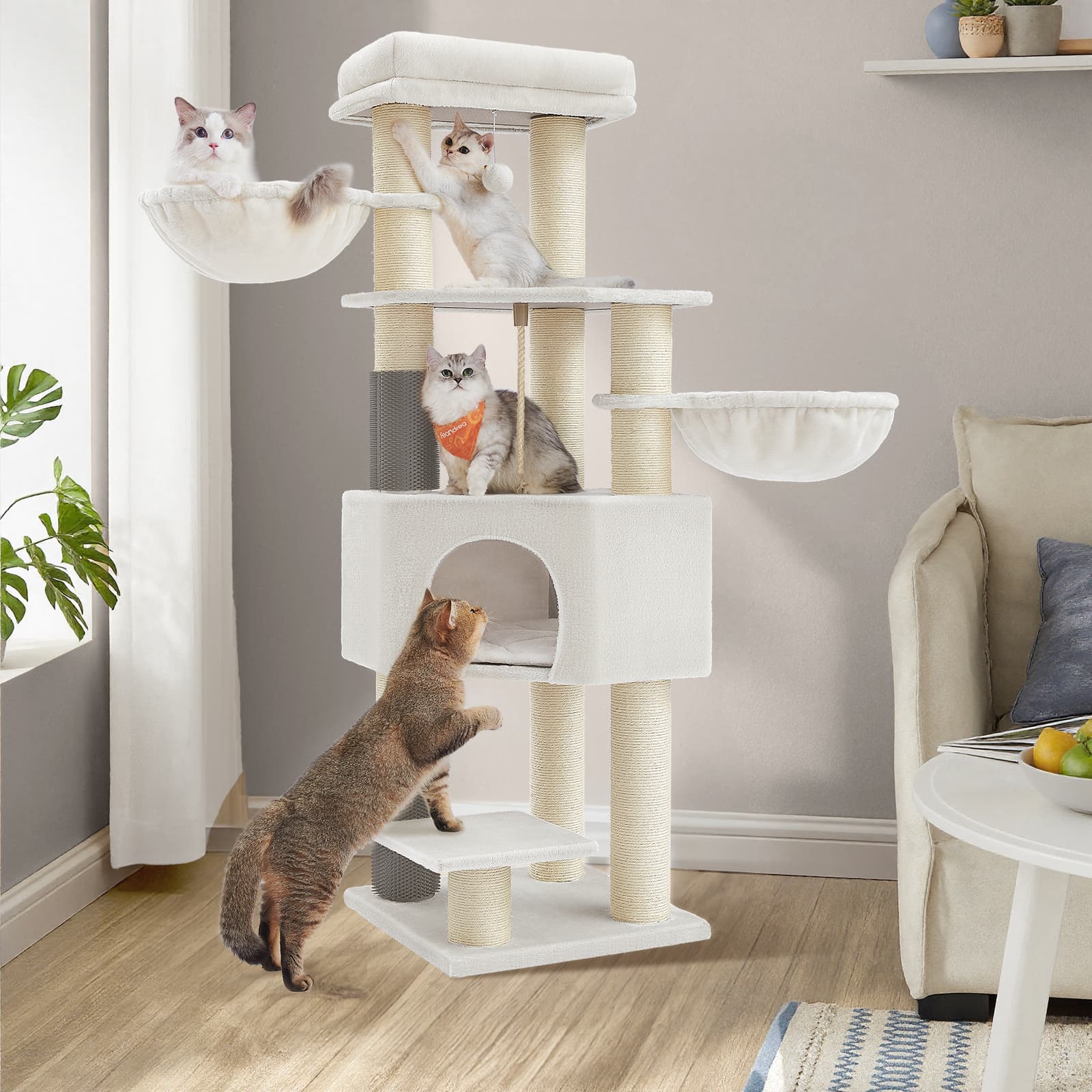 Large Heavy Duty Cat Condo with Sisal Posts, White and Beige