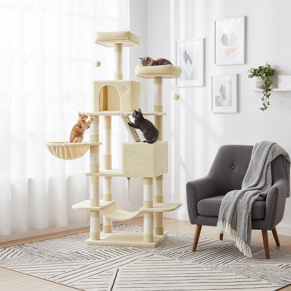 Large Cat Tree with 13 Scratching Posts, 2 Perches, Hammock