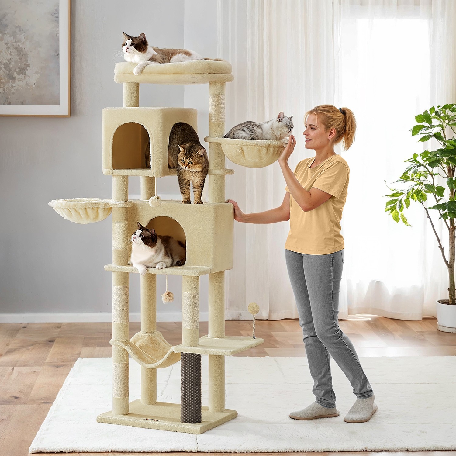 Large Cat Tree, Cat Tower, Multi-Level Cat Condo with 2 Caves