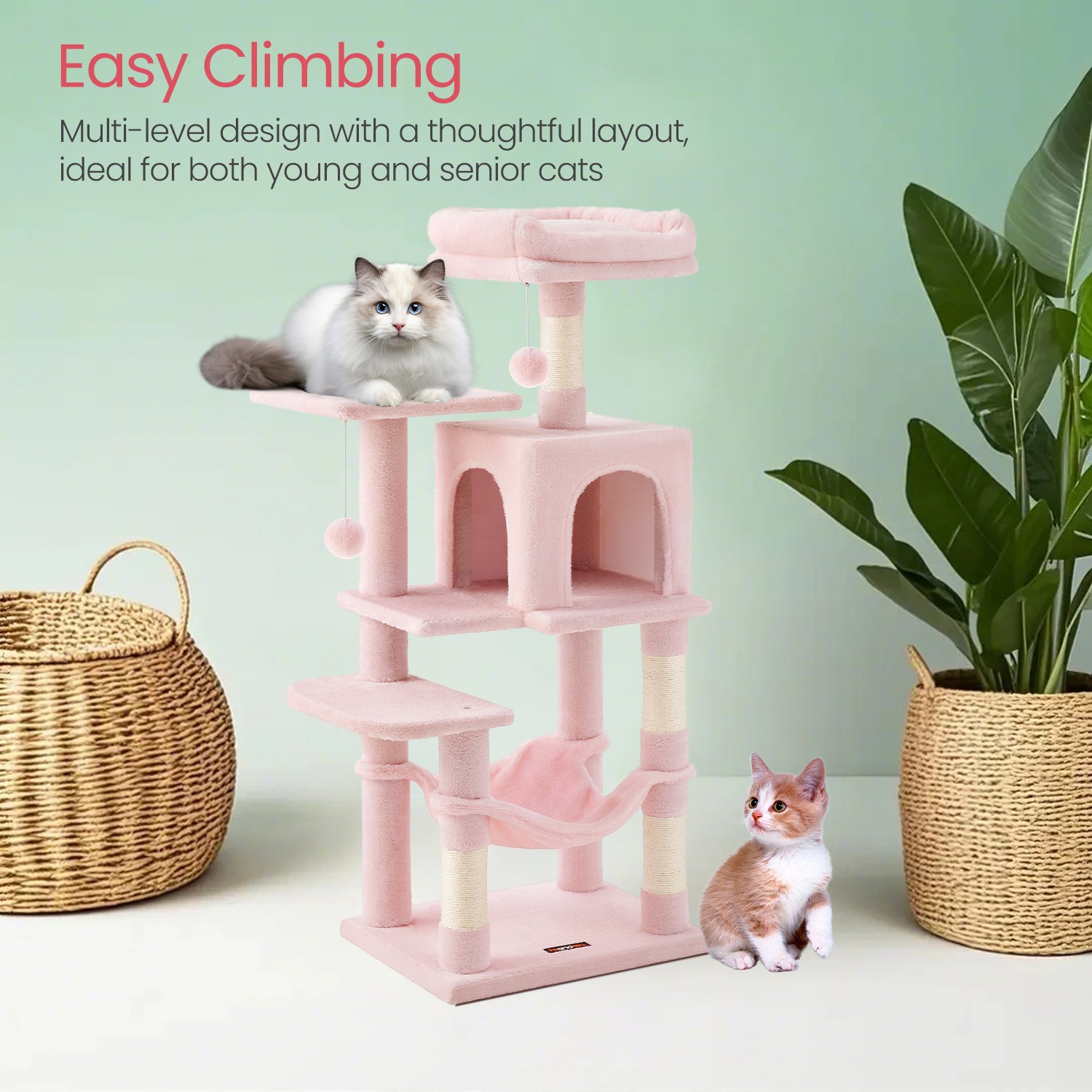 Multi-Level Cat Tree, Cat Tower Condo with 4 Scratching Posts, Hammock