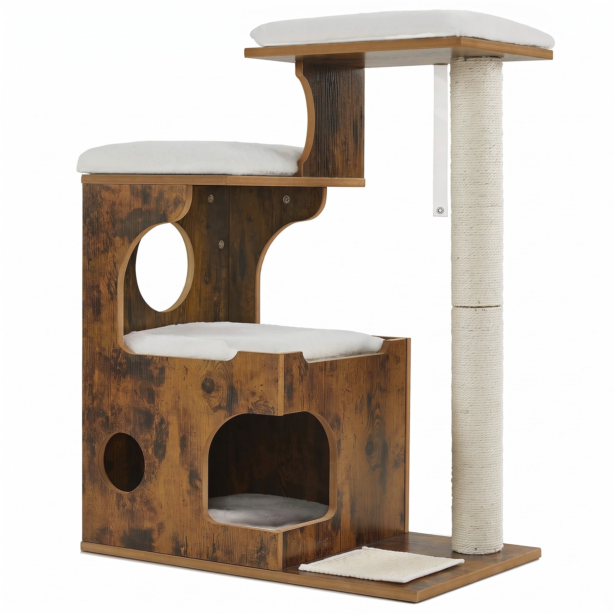 Modern Cat Tree Tower with Cat Cave, 3 Perches, Scratching Post and Mat, Removable Washable Cushions, Rustic Brown