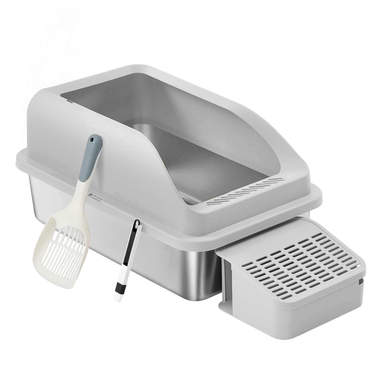 Stainless Steel Open Top Cat Litter Tray, High Sided Litter Box with Scoop and Step