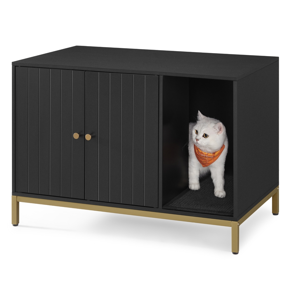 Cat Litter Box Enclosure with Scratching Mat Black and Gold