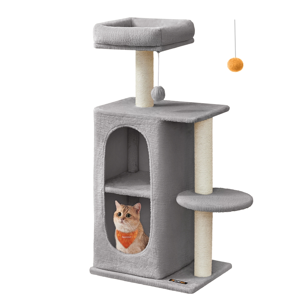 Cat Tree Tower with 2 Caves for Multi-Cat Households Light Grey