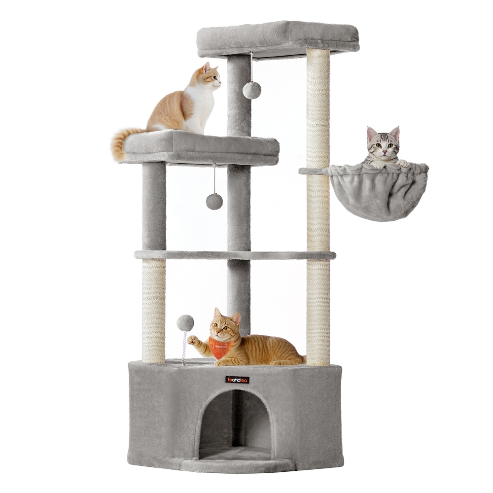 Cat tree tower with large cave perches basket and scratching posts