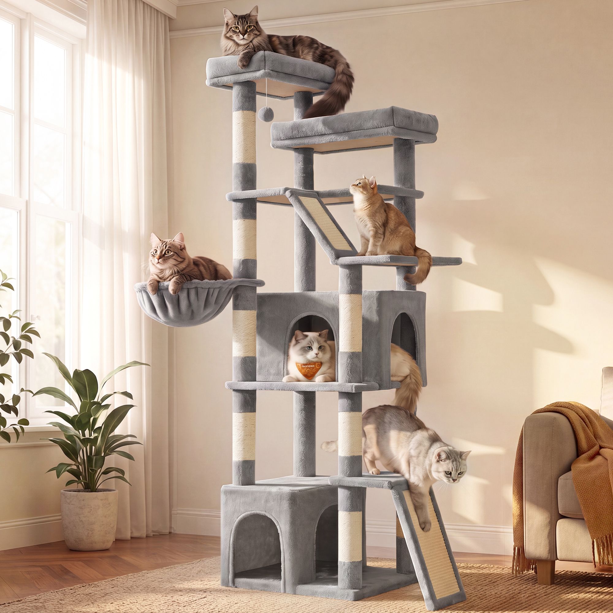 Cat tree 55 x 45 x 184.5 cm sisal posts 2 scratching boards dove grey Cat tree 55 x 45 x 184.5 cm sisal posts 2 scratching boards dove grey