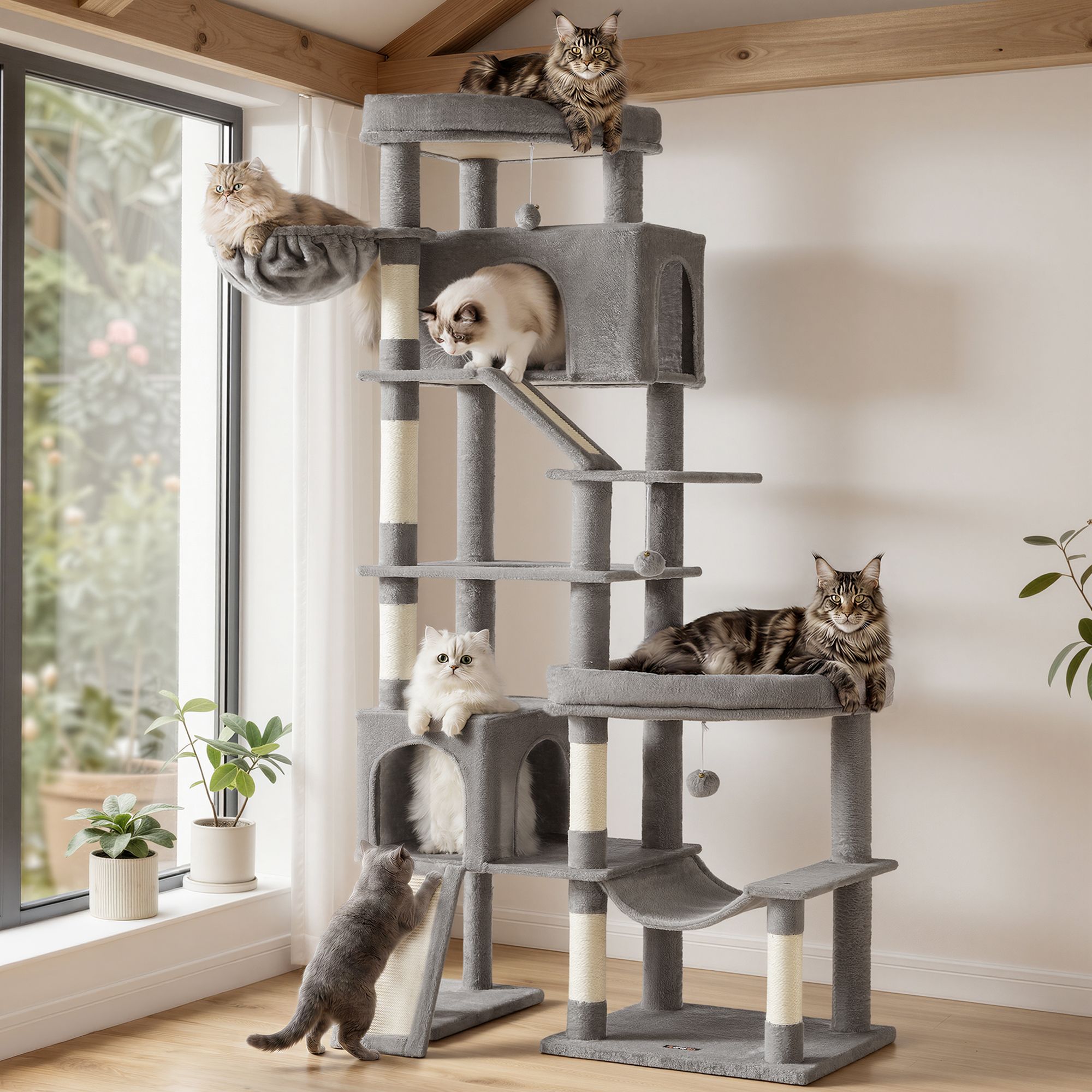 Multi level cat tree with scratching posts and board