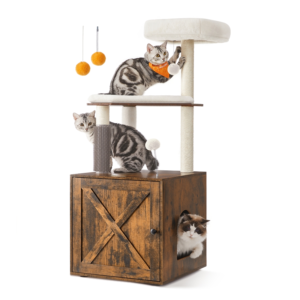 Cat Tree with Litter Box Enclosure Rustic Brown
