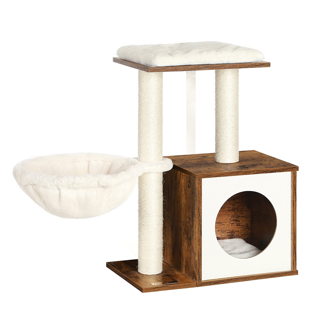Rustic Brown Cat House with Removable Cushion