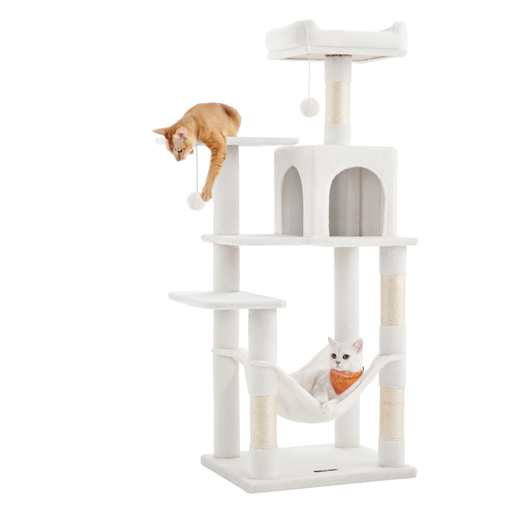 Multi-Level Plush Cat Condo with 4 Scratching Posts, 2 Perches, Cave, Hammock, Pompoms