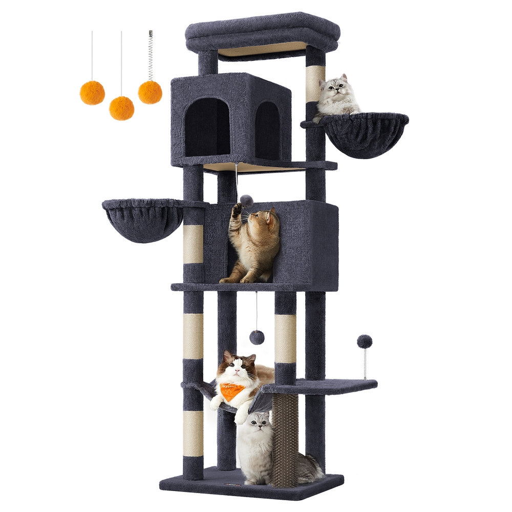 Large Cat Tree 175 cm Tall Cat Tower Multi-Level Cat Condo with 2 Caves Dark Grey