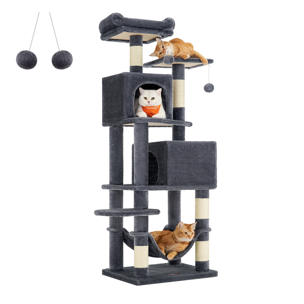 FeanMulti-Level Cat Condo with 5 Scratching Posts, 2 Caves