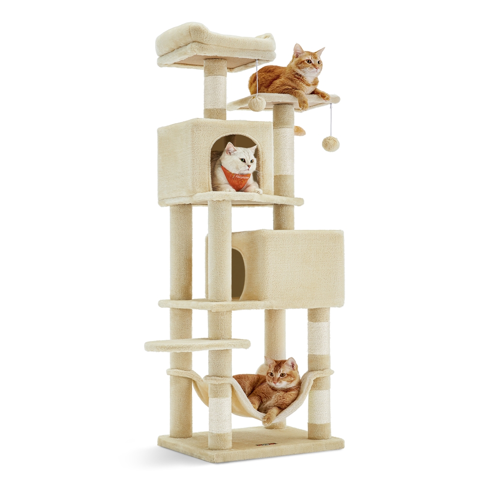 Cat Tree Stable Cat Tower 2 Plush Perches 143cm Beige