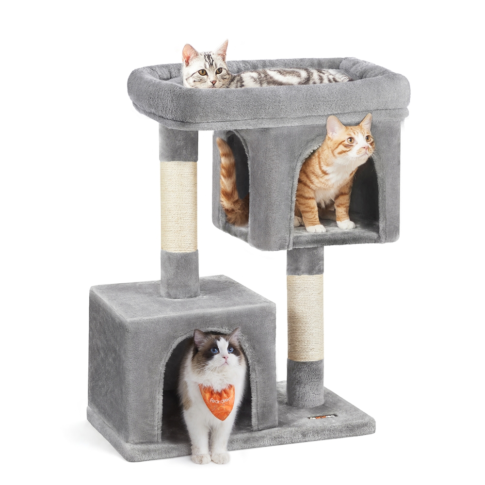 Cat Tree Tower L Large Perch 2 Caves Scratching Post Light Grey