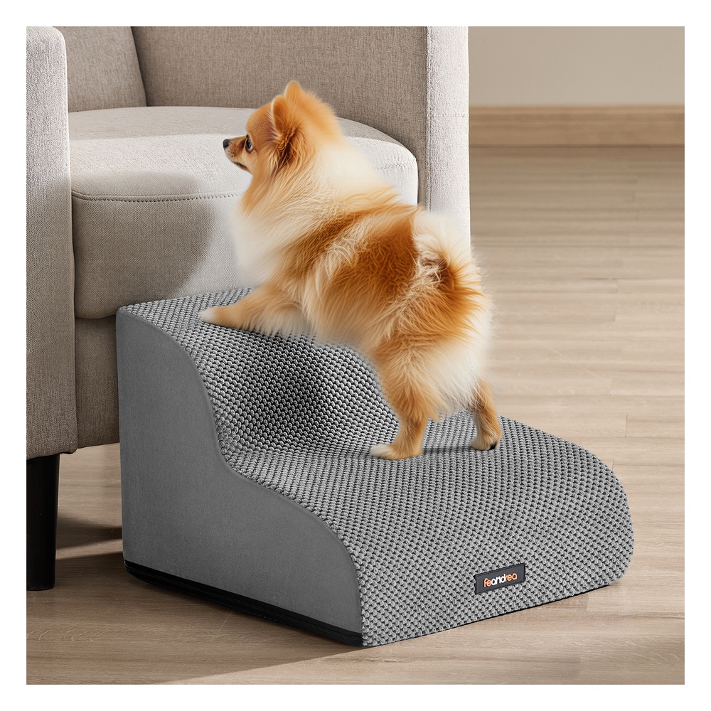 2-Step Dog Stairs Waffle-Patterned Corduroy Dog Steps for Bed Dove Grey
