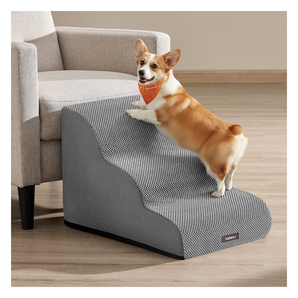 3-Step Dog Stairs Waffle-Patterned Corduroy Dog Steps for Bed Dove Grey
