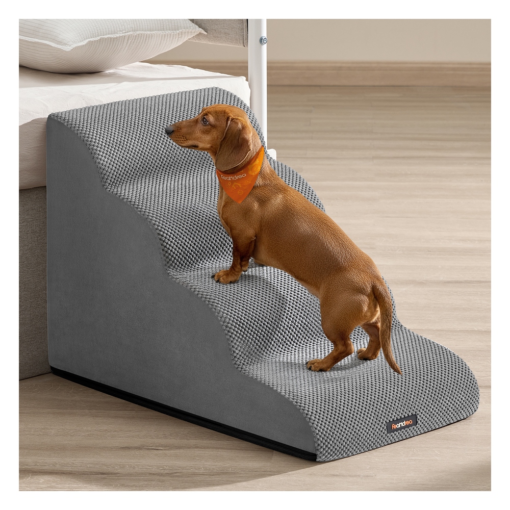 4-Step Dog Stairs Waffle-Patterned Corduroy Dog Steps for Bed Dove Grey