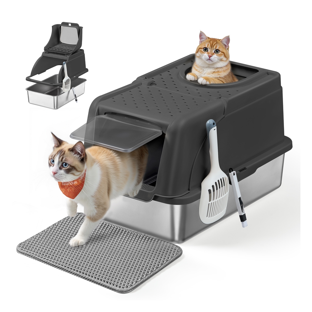 Stainless Steel Cat Litter Box with Flip Lid Ink Black