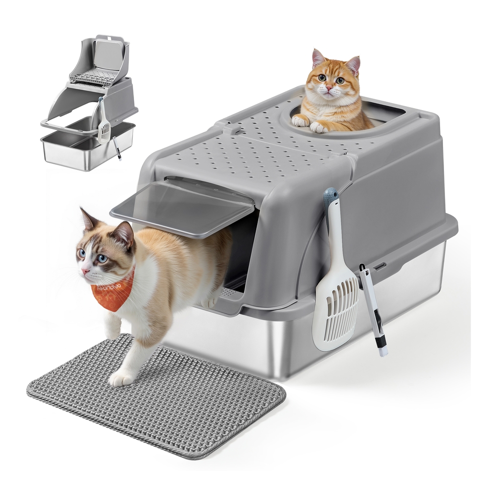 Stainless Steel Cat Litter Box with Flip Lid XL for Cats up to 15 kg Dove Grey