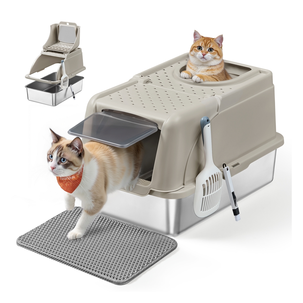 Stainless Steel Cat Litter Box with Flip Lid XL for Cats up to 15 kg Beige Cappuccino