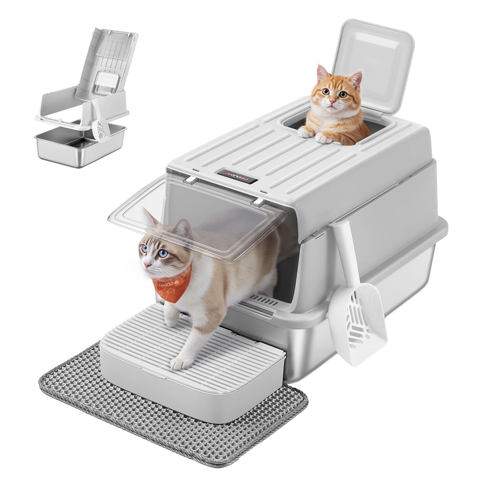 Stainless Steel Cat Litter Box with Flip Lid 2 Doors for Cats up to 15 kg Light Grey