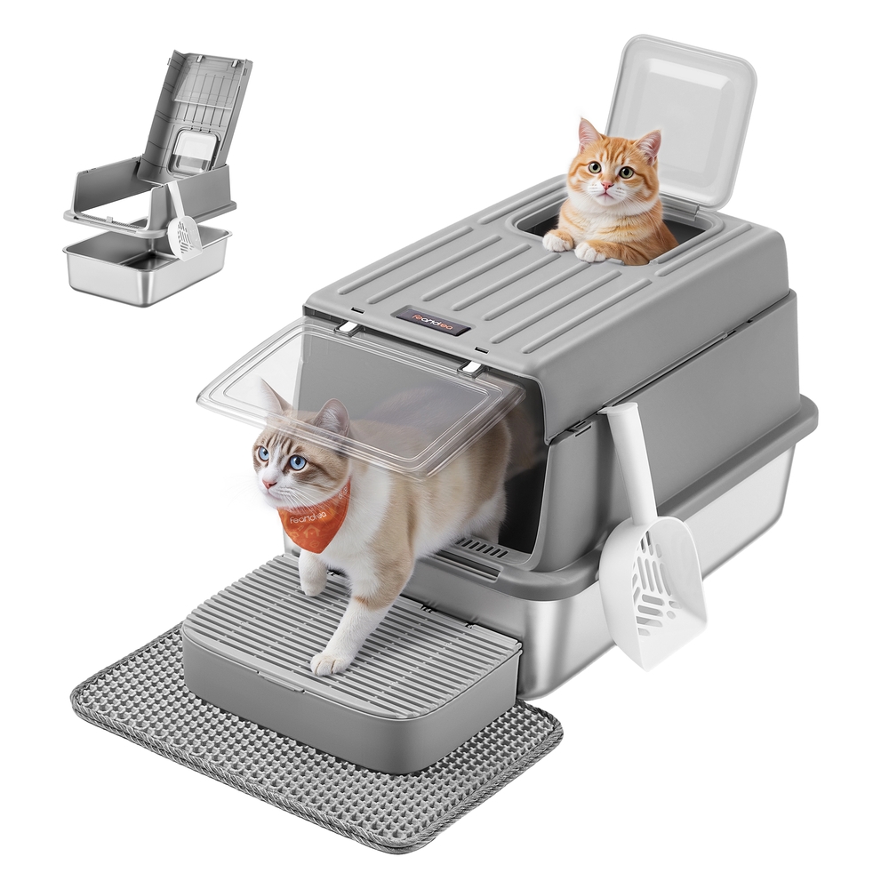Stainless Steel Cat Litter Box with Flip Lid 2 Doors for Cats up to 15 kg Dove Grey
