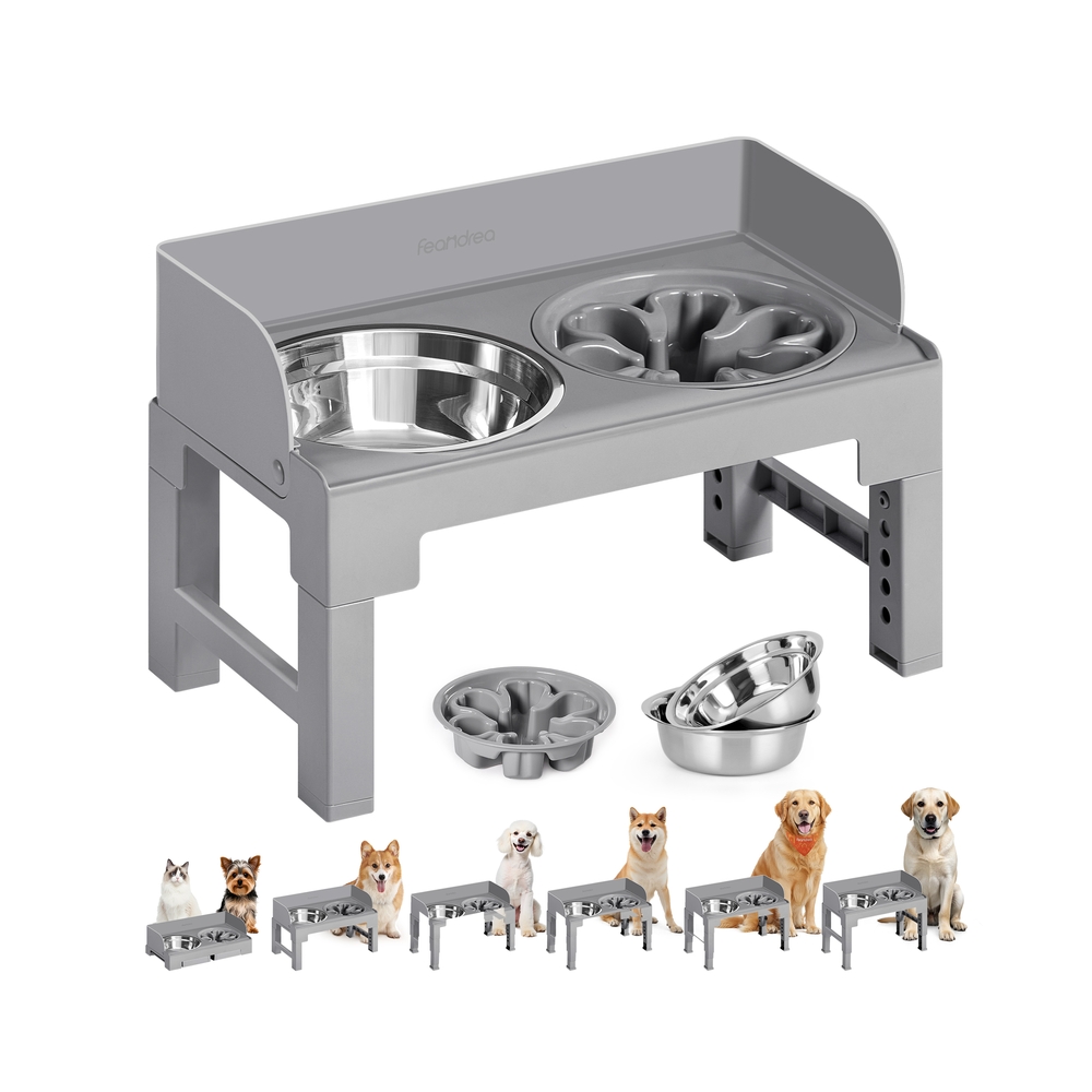 Raised Dog Bowls Stand, Slow Feeder, Stainless Steel, Grey