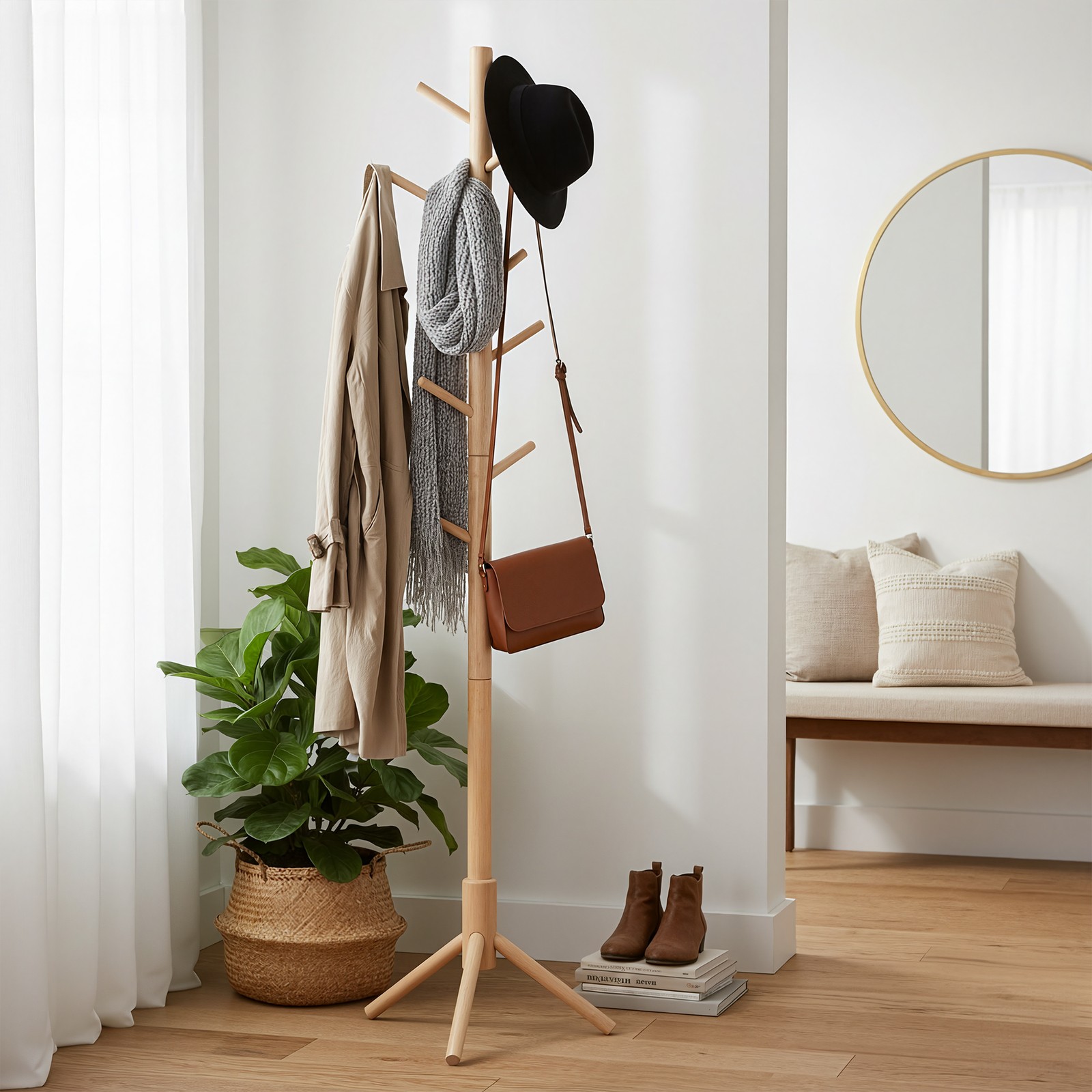 Standing Coat Rack, Solid Wood Tree-Shaped Coat Rack with 8 Hooks, 3 Height Options