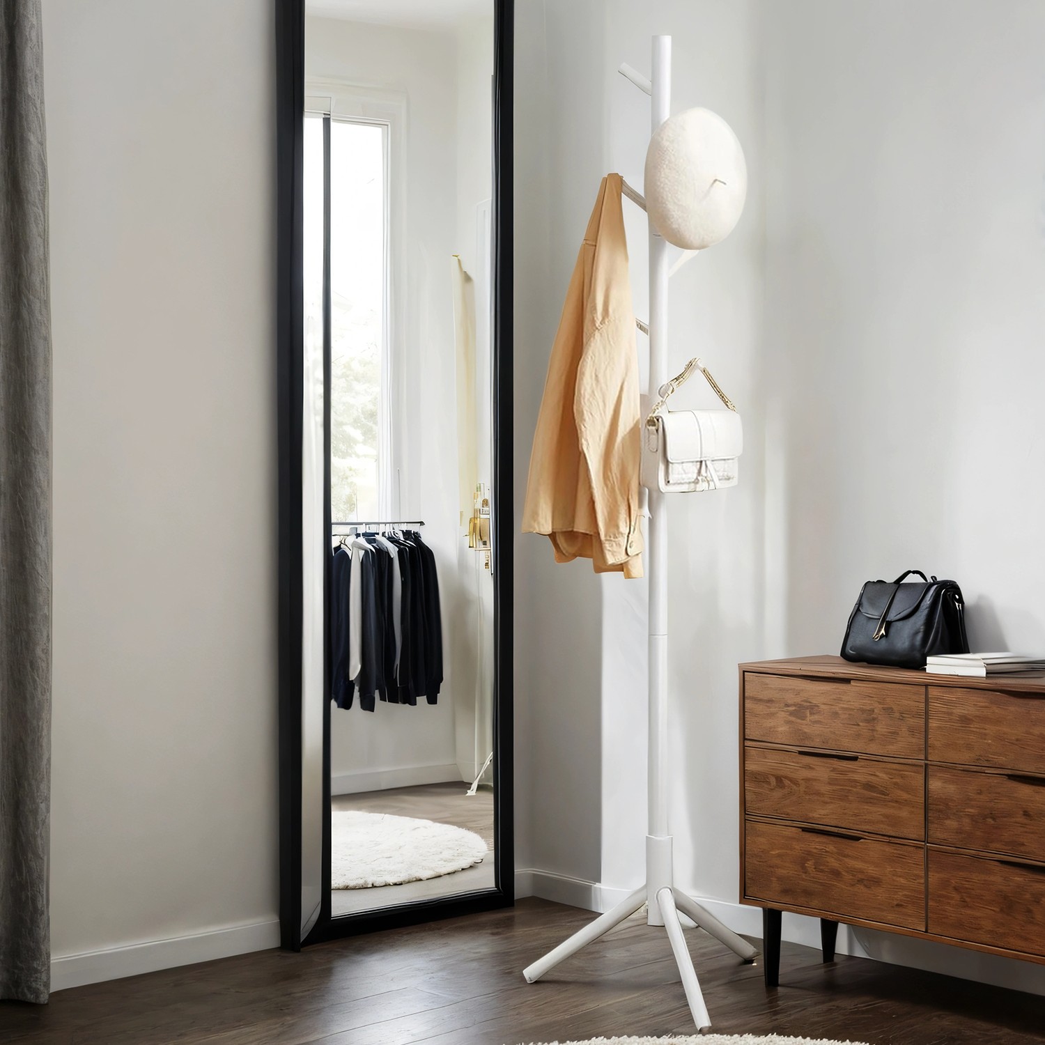 Standing Coat Rack, Solid Wood Tree-Shaped Coat Rack with 8 Hooks, 3 Height Options Standing Coat Rack, Solid Wood Tree-Shaped Coat Rack with 8 Hooks, 3 Height Options